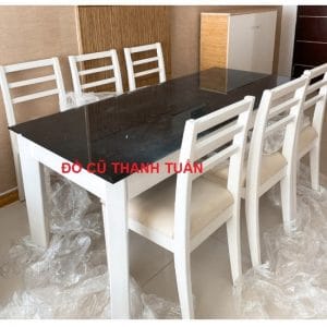 Bộ Bàn Ăn 6 Ghế Cũ Màu Trắng Mặt Kính