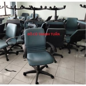 Ghế Xoay Lưng Trung Xám Xanh Chân Gỗ Cũ