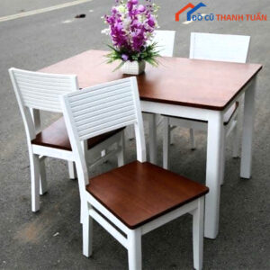 Bộ Bàn Ăn Gỗ Màu Trắng Nâu Đẹp Mới 99%