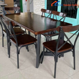 Thanh Lý Bộ Bàn Ăn Gỗ Khung Sắt Ghế Chữ X Mới 99%