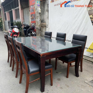 Bộ Bàn Ăn Gỗ Tự Nhiên Ghế Có Đệm Da Cũ