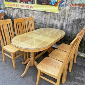 Bộ Bàn Ăn Mặt Kính Oval Cũ Gỗ Tự Nhiên Cao Cấp