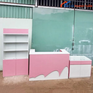 Combo Quầy Tủ Trưng Bày Tone Hồng Trắng Mới 99%