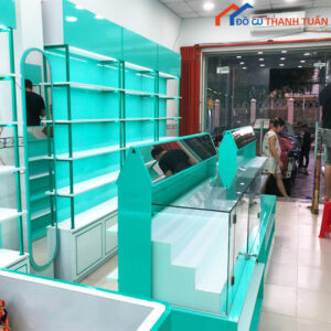 Thanh Lý Bộ Quầy Kệ Trưng Bày Màu Xanh Ngọc Mới 99%
