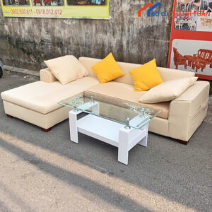 Bộ Sofa Góc L Cũ Bọc Da Màu Kem Hiện Đại