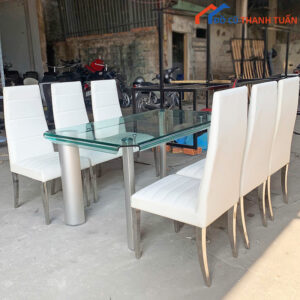 Bộ Bàn Ăn Cũ Mặt Kính 6 Ghế Da Sang Trọng