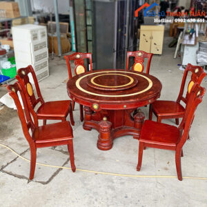 Bộ Bàn Ăn Tròn Cũ 6 Ghế Gỗ Tự Nhiên Mặt Xoay