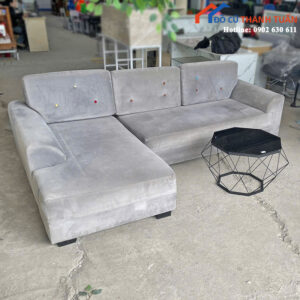 Sofa Góc L Cũ Nhung Xám Kèm Bàn Kính