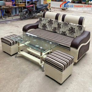Bộ Ghế Sofa Cũ Kèm 2 Đôn Và Bàn Kính