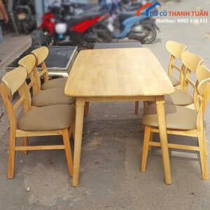 Bộ Bàn Ăn Gỗ Cũ 6 Ghế Mặt Vuông Bo Góc