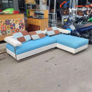 Ghế Sofa Cũ Chữ L Màu Xanh Trắng Kèm Gối