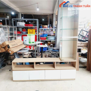 Kệ Tivi Gỗ Cũ Kết Hợp Kính Trưng Bày Hiện Đại