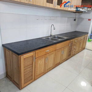 Tủ Bếp Cũ 3M6x60CM Gỗ Sồi Mặt Đá Đen Sang Trọng