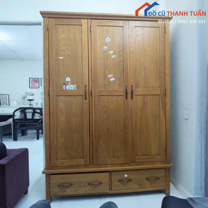 1m3x1m9x55-ga-4tr-1 Tủ Quần Áo Gỗ Cũ 1M3x1M9 Thiết Kế 3 Cánh Có Hộc