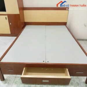 Giường Ngủ Gỗ Cũ 1M6x2M Màu Nâu Phối Trắng