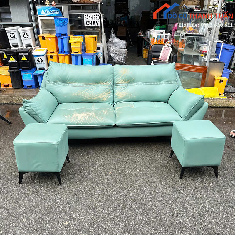 sofa-1m9x75-gia-1tr5-1 Bộ Sofa Cũ 1M9x75CM Bọc Da Màu Xanh Ngọc Êm Ái
