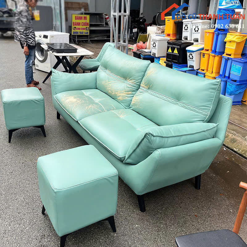 sofa-1m9x75-gia-1tr5-2 Bộ Sofa Cũ 1M9x75CM Bọc Da Màu Xanh Ngọc Êm Ái