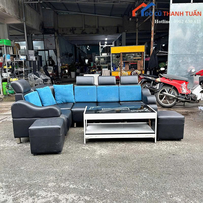 sofa-2m2x1m4-ban-1mx50-gia-3tr51 Bộ Sofa Cũ Góc L 2M2x1M4 Màu Đen Phối Xanh Hiện Đại