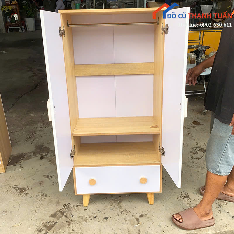 tqa-850k-5 Tủ Quần Áo Cũ 2 Cánh Màu Trắng Phối Gỗ Đáng Yêu