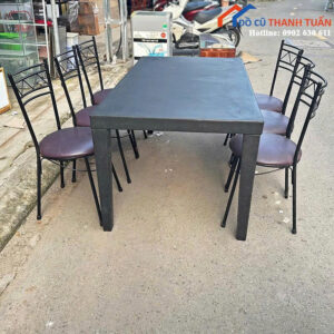 Bộ Bàn Ăn Cũ 6 Ghế Màu Đen Bọc Đệm Sang Trọng