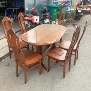 Bộ Bàn Ăn Gỗ 6 Ghế Cũ Mặt Hình Oval Sang Trọng
