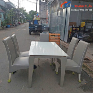 Bộ Bàn Ăn Cũ 5 Ghế Bọc Da Xám Sang Trọng Giá Tốt