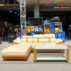 Bộ Sofa Góc L Cũ Da Màu Kem Phối Cam Sang Trọng