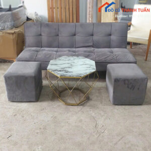 Bộ Sofa Bed Cũ Bọc Nhung Màu Xám Sang Trọng
