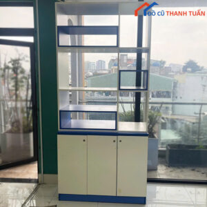 Tủ Trưng Bày Gỗ Cũ Nhiều Ngăn Màu Trắng Phối Xanh