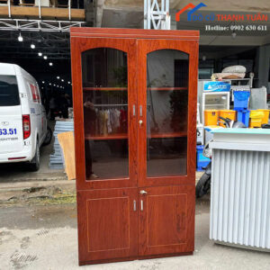 Tủ Hồ Sơ Gỗ Cũ 1M9x1M Thiết Kế 2 Tầng Cửa Kính