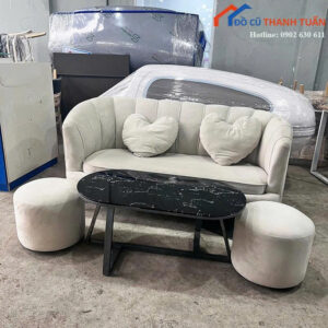 Bộ Sofa Cũ 1M6 Bọc Nhung Màu Xám Gối Tựa Trái Tim