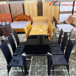 Bộ Bàn Ăn Cũ Mặt Kính Đen Kèm 6 Ghế Bọc Da