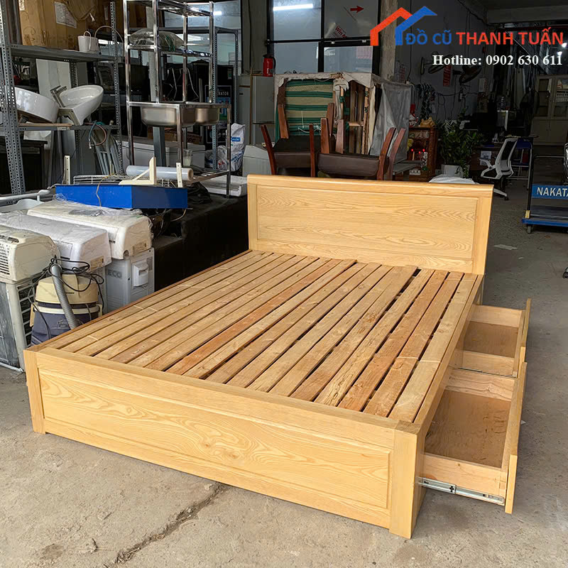 giuong-1m6x2m-G3tr5-3 Giường Gỗ Cũ 1M6x2M Thiết Kế 2 Hộc Kéo Tiện Lợi