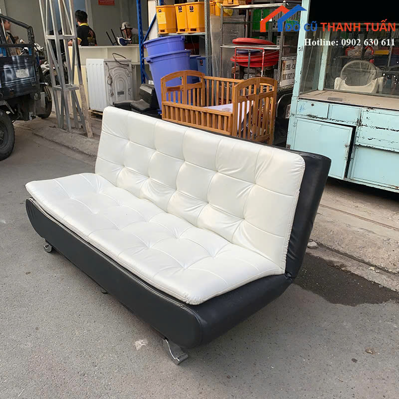 sofa-bed-1tr5-3 Sofa Bed Cũ Bọc Da Màu Trắng Phối Đen Hiện Đại