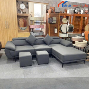 Thanh Lý Sofa Góc L Bọc Da Màu Xám Kèm Đôn Mới 99%