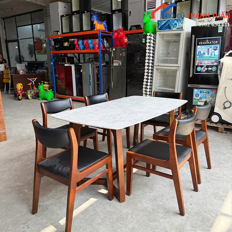 bo-ban-an-mat-da-chan-go-1m6x90x75-3 Bộ Bàn Ăn Cũ 1M6x90CM Mặt Đá Kèm 6 Ghế Khung Gỗ
