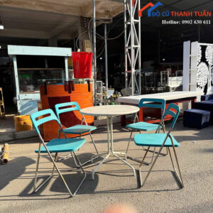 Bộ Bàn Cafe Cũ 4 Ghế Màu Xanh Gấp Gọn Tiện Lợi