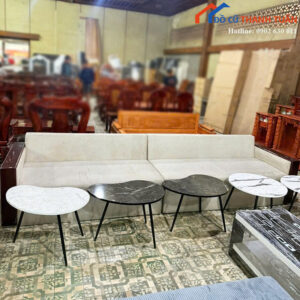 Sofa Cũ Bọc Vải Màu Kem Thiết Kế Tay Vịn Gỗ Hiện Đại