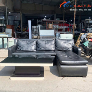 Sofa Cũ 2M4x1M6 Bọc Da Màu Đen Thiết Kế Góc L