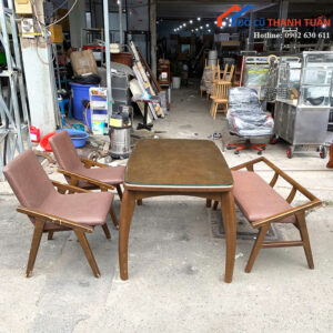 Bộ Bàn Ăn Cũ 1M3x80CM Bọc Da Màu Nâu Khung Gỗ