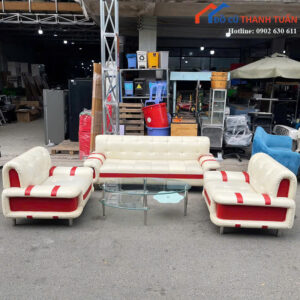 Bộ Sofa Cũ Bọc Da Màu Trắng Phối Đỏ Sang Trọng