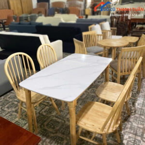 Bộ Bàn Ăn 4 Ghế Mặt Đá Khung Gỗ Tự Nhiên Mới 99%
