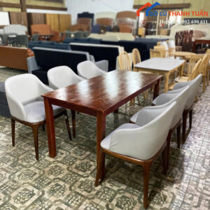 Bộ Bàn Ăn 6 Ghế Màu Nâu Thiết Kế Bo Cong Mới 99%