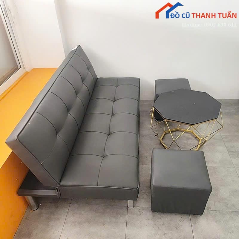 sofa-bed-cu-boc-da-mau-xam-kem-2-don-sang-trong Sofa Bed Cũ Bọc Da Màu Xám Kèm 2 Đôn Sang Trọng