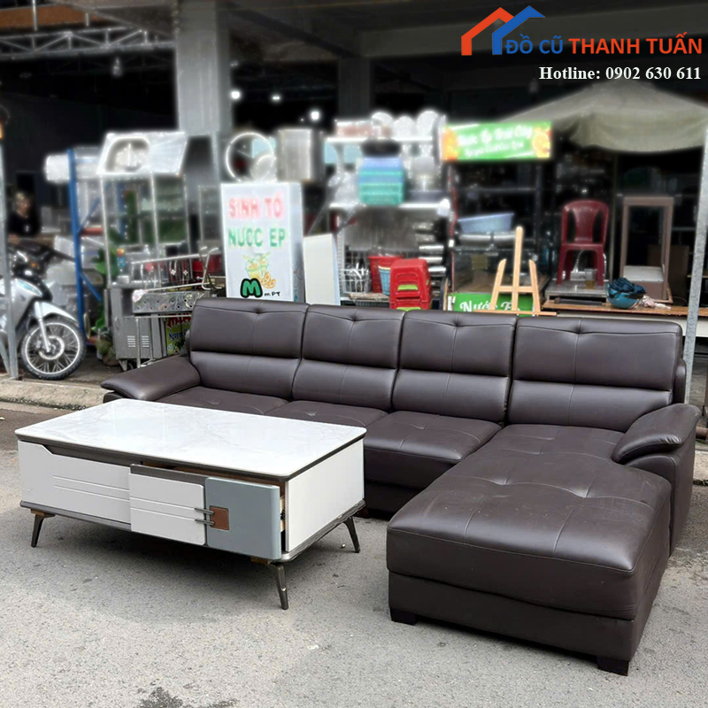 bo-sofa-cu-mau-nau-da-kem-ban-tra-mat-da-1 Bộ Sofa Cũ Màu Nâu Da Kèm Bàn Trà Mặt Đá