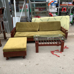 Bộ Sofa Gỗ Cũ Nệm Xanh Rêu Kèm Bàn Trà