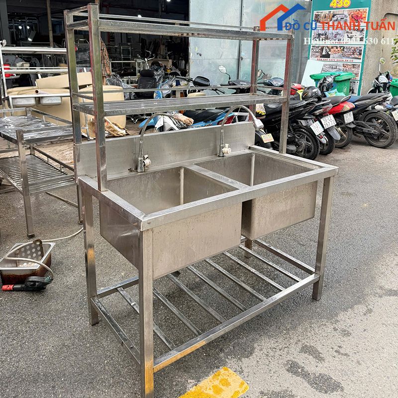 bon-rua-chen-inox-cu-2-hoc-kem-ke-tren-2 Bồn Rửa Chén Inox Cũ 2 Hộc Kèm Kệ Trên