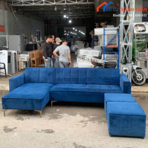 Sofa Chữ L Cũ 2M4x1M5 Màu Xanh Nhung Kèm Hai Ghế Đôn