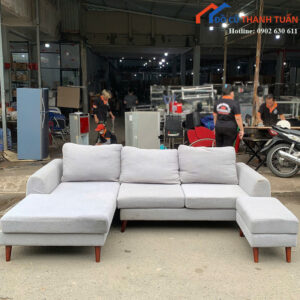 Sofa Cũ Góc Chữ L Bọc Vải Màu Xám Hiện Đại Kèm Đôn
