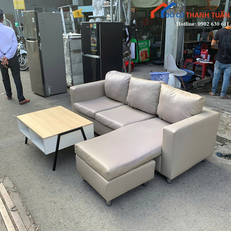 sofa-goc-l-cu-boc-da-mau-kem-kem-ban-tra-5 Sofa Góc L Cũ Bọc Da Màu Kem Kèm Bàn Trà